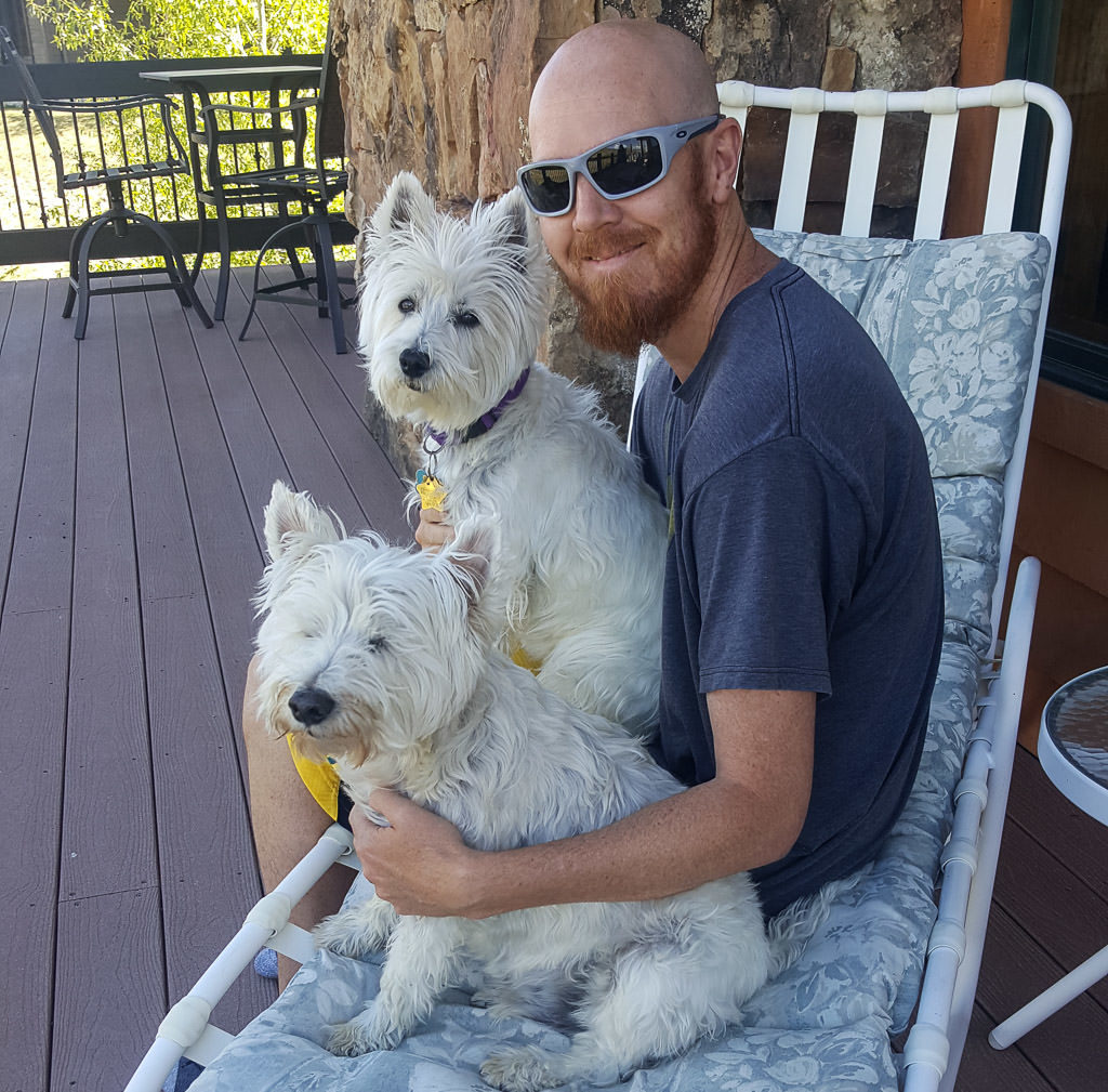Buddy posing with two sweet westie dogs while pet sitting in Colorado