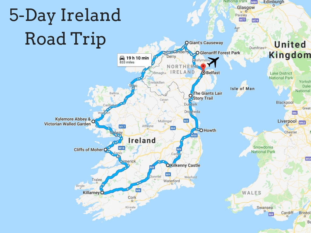 Map infographic of our 5-Day Ireland Road Trip
