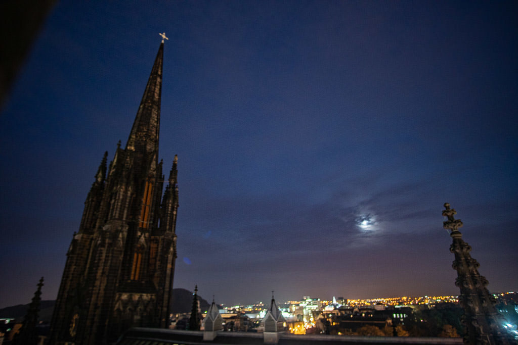 night views of Edinburgh Scotland with moon