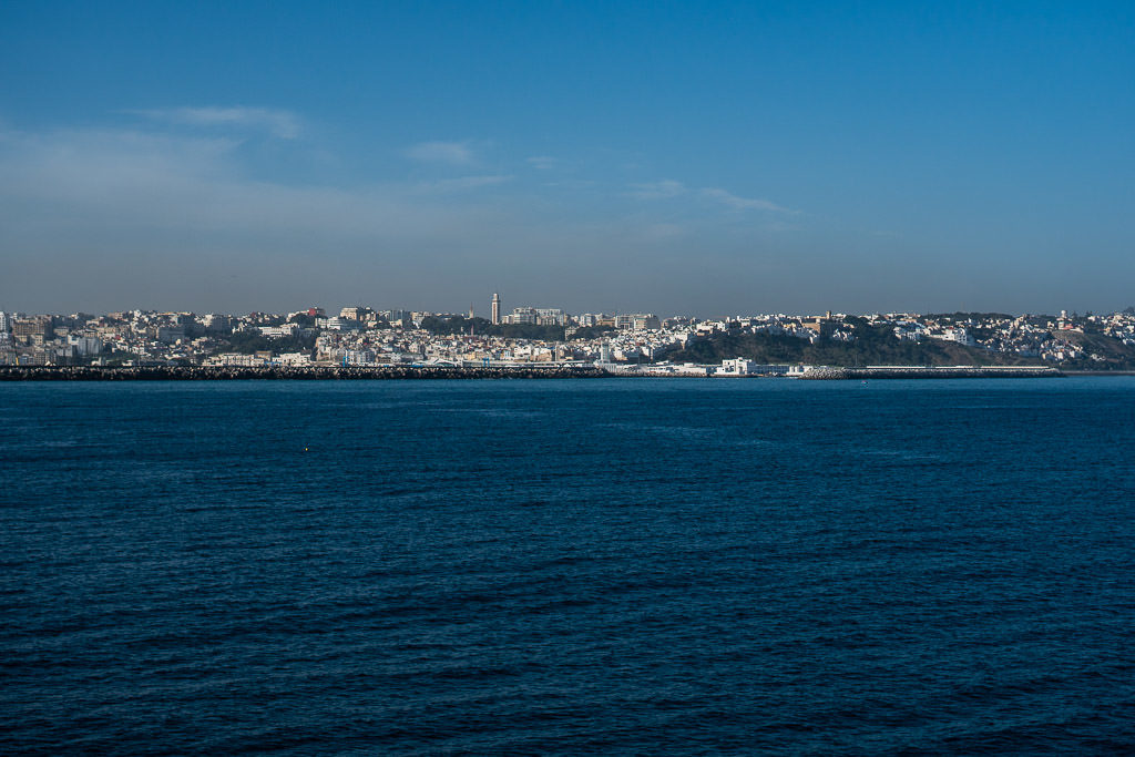 view of tangier from ferry to Morocco from Spain on our day trip to Morocco