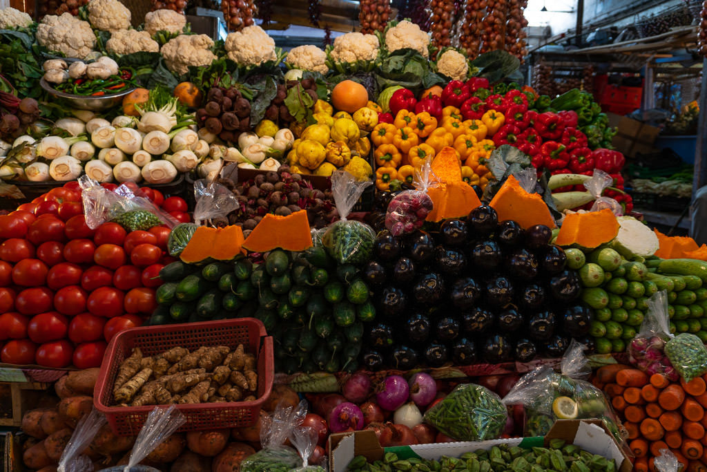 colorful fresh veggies in medina of tangier on day trip to Morocco tour