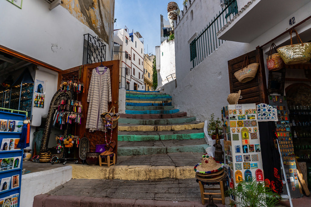 colorful stairs and souvenir shops in tangier morocco