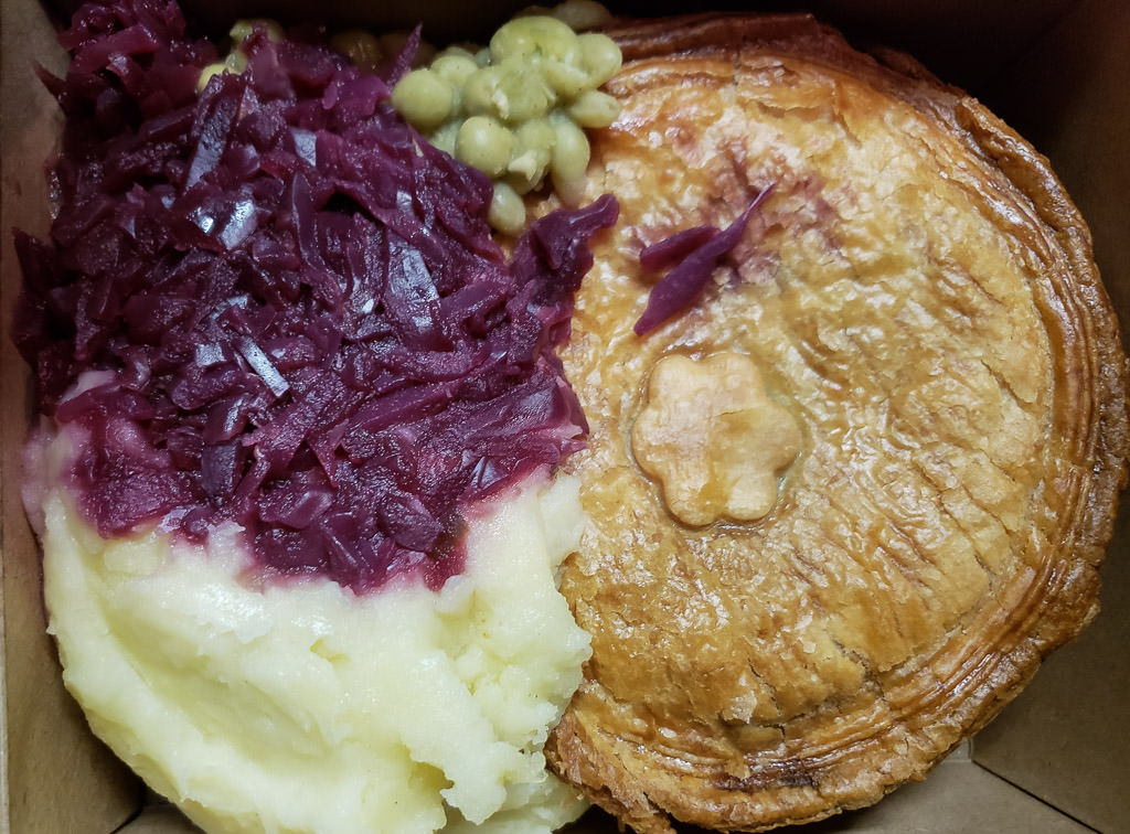 Brooke's dinner from the Pie Maker in Galway - Mushy peas, mashed potatoes, braised red cabbage and vegetarian pot pie