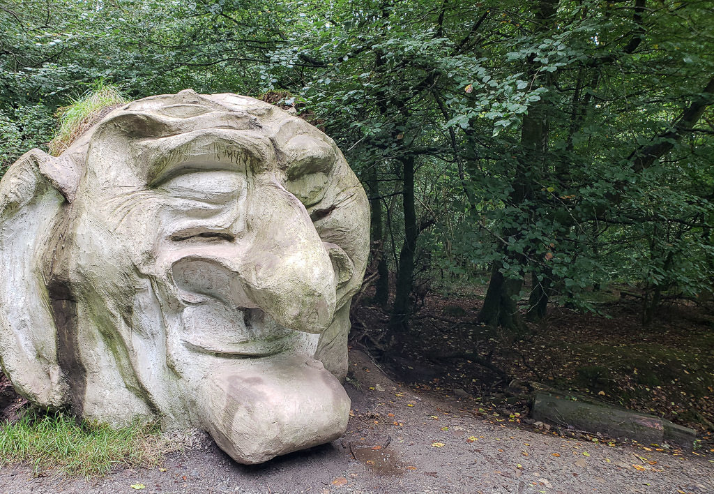 Giant troll face sculpture at Giant's Lair Story Trail at Slieve Gullion Forest Park