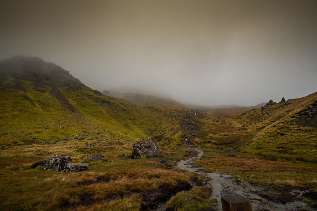 Very foggy view towards the Old Man of Storr which isn't even available through the dense fog in the Isle of Skye