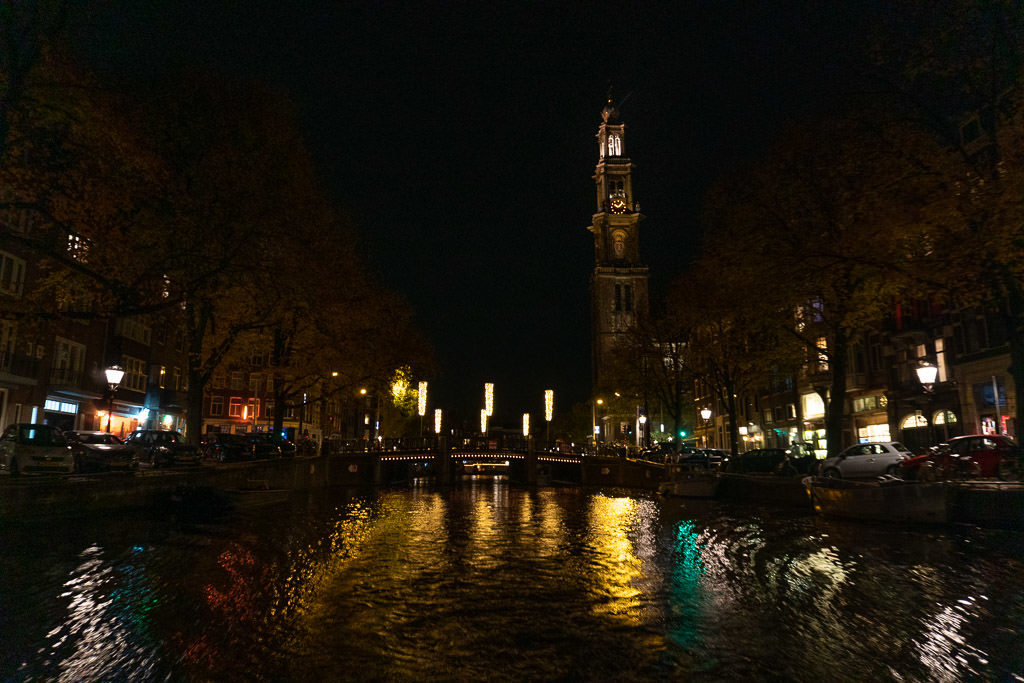 amsterdam clock tower at night