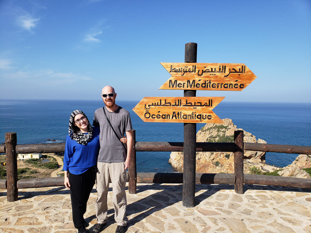 photo with atlantic ocean and Mediterranean sign at the Straight of Gibraltar from Tangier