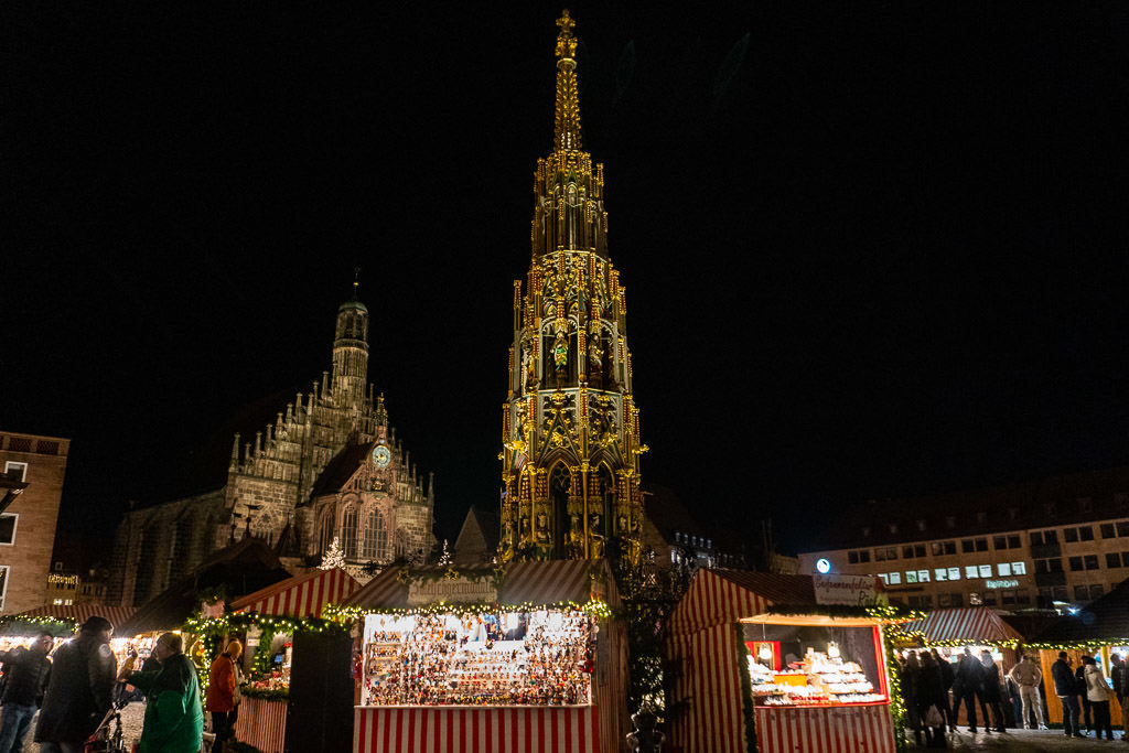 spire by cathedral at Nuremberg christmas market in germany