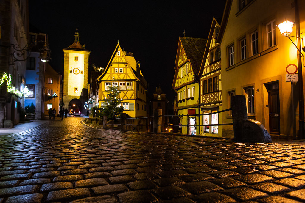 medieval architecture at night in rothenburg germany