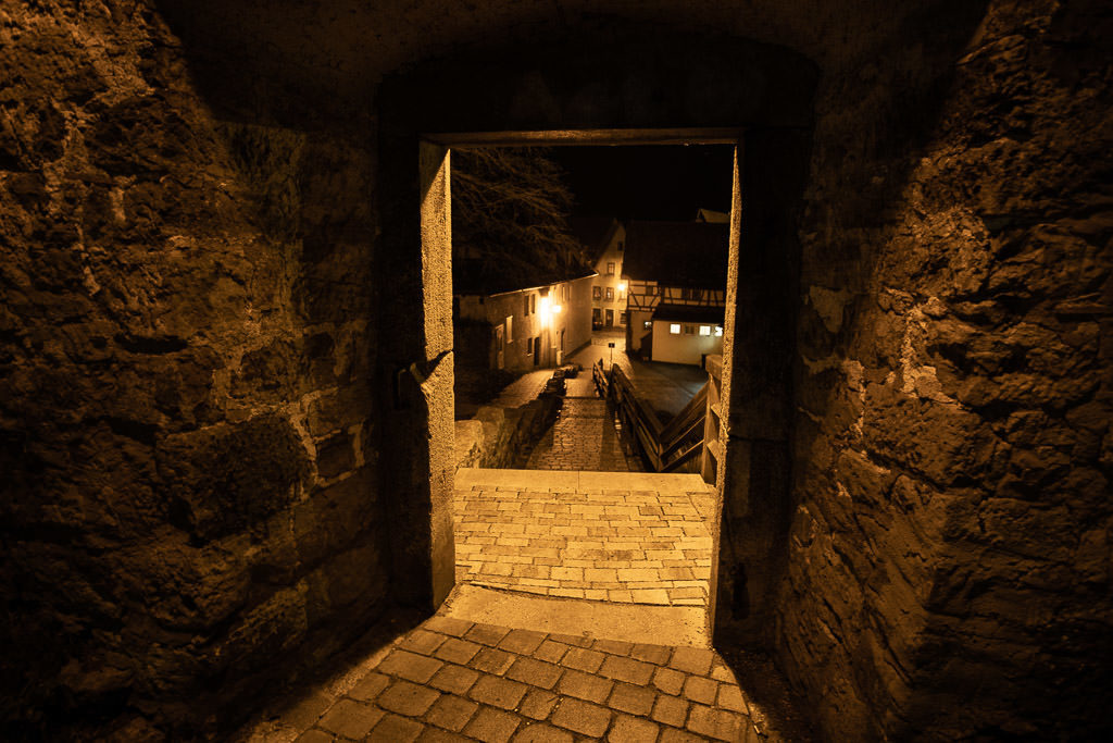 historic wall at night in rothenburg germany