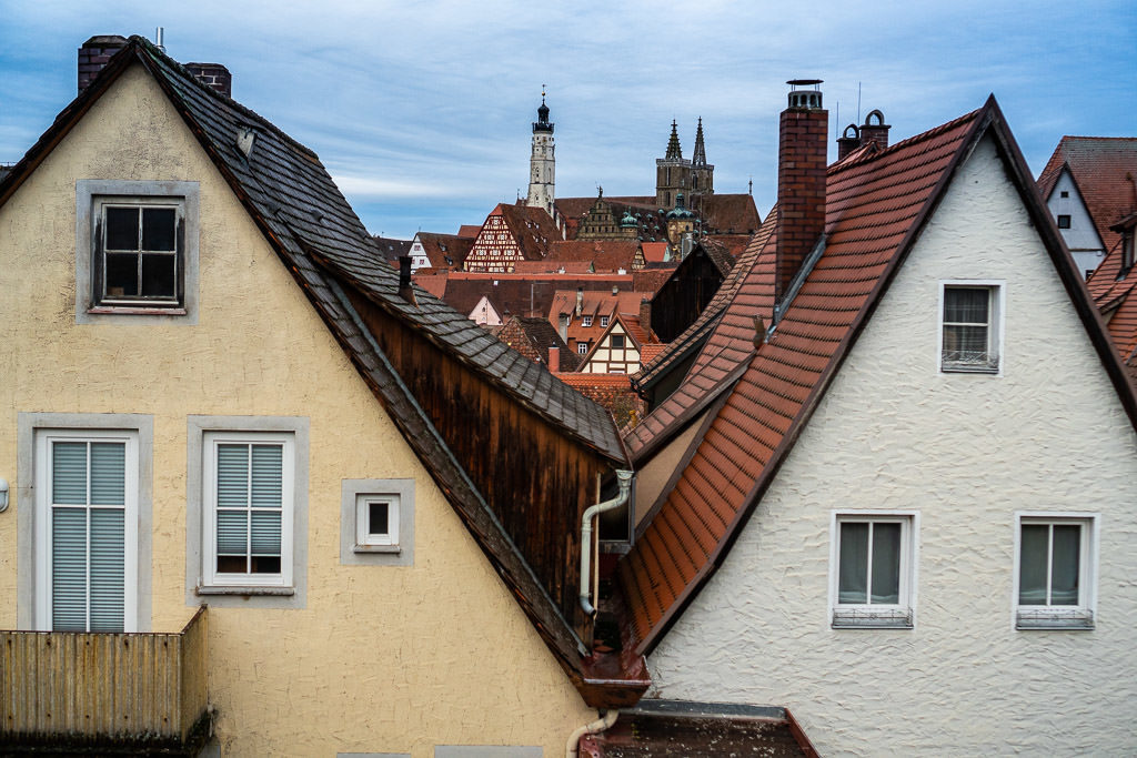 views of red roofs of rothenburg from city walls