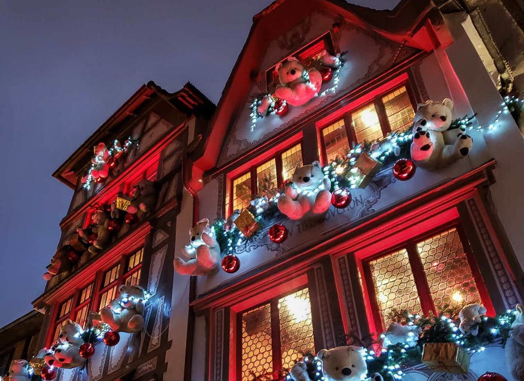 christmas bears outside windows in strasbourg france