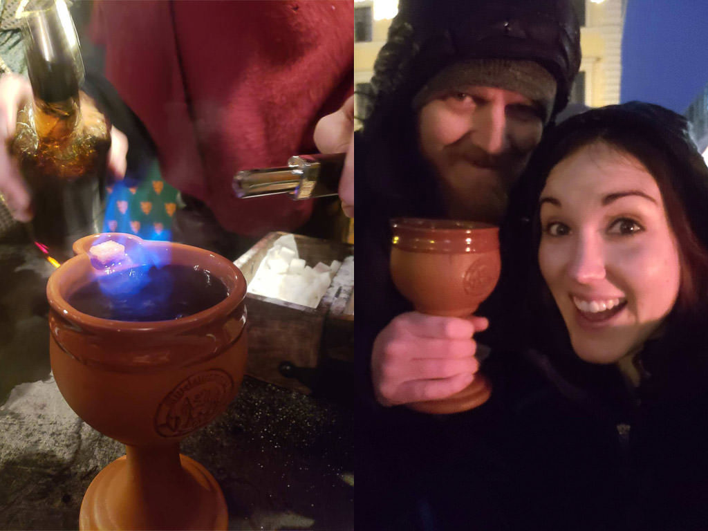 drinking a Feuerzangenbowle at the medieval christmas market in munich germany