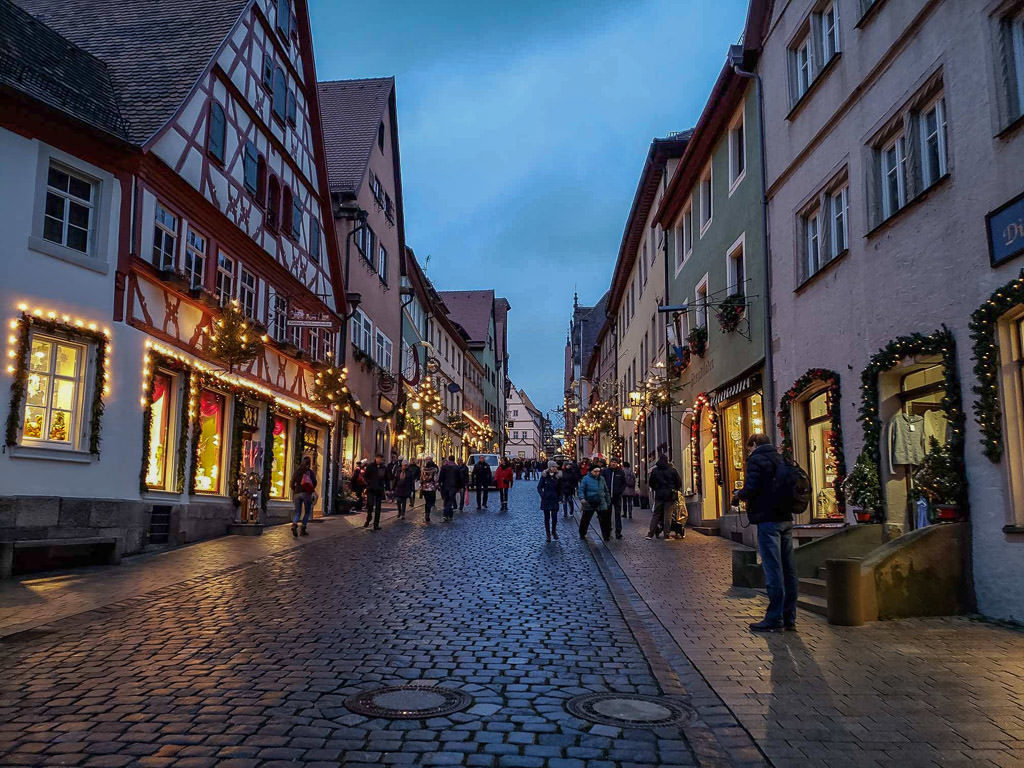 street decorated for christmas in rothenburg in germany