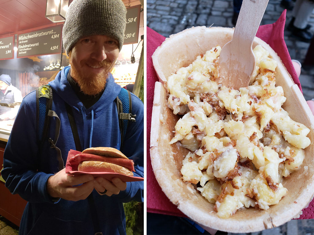 eating german christmas market food in rothenburg germany