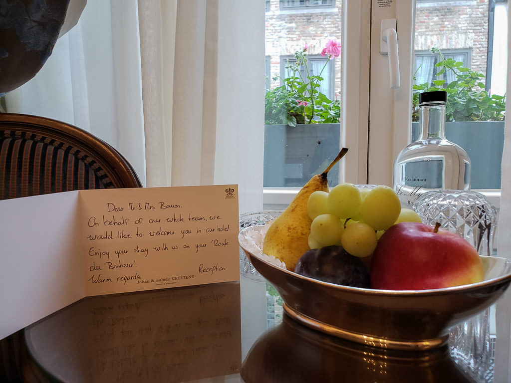 welcome note at Hotel Heritage – Relais & Chateaux during two days in bruges, belgium