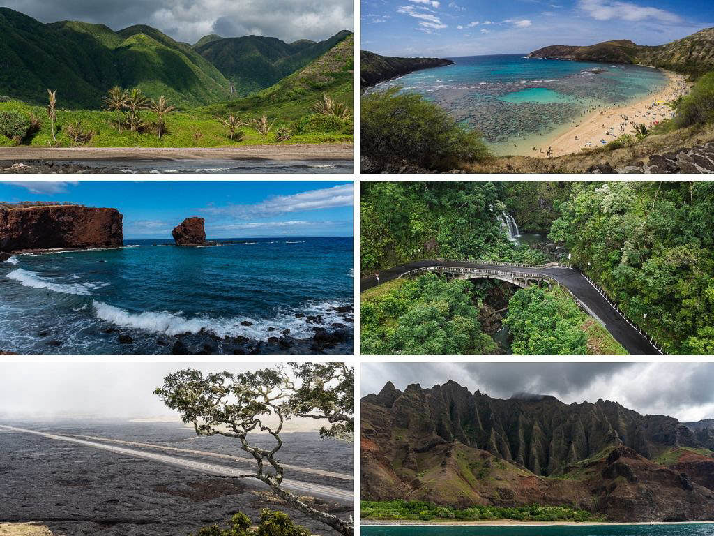 photos of all different hawaiian islands to show varying landscapes