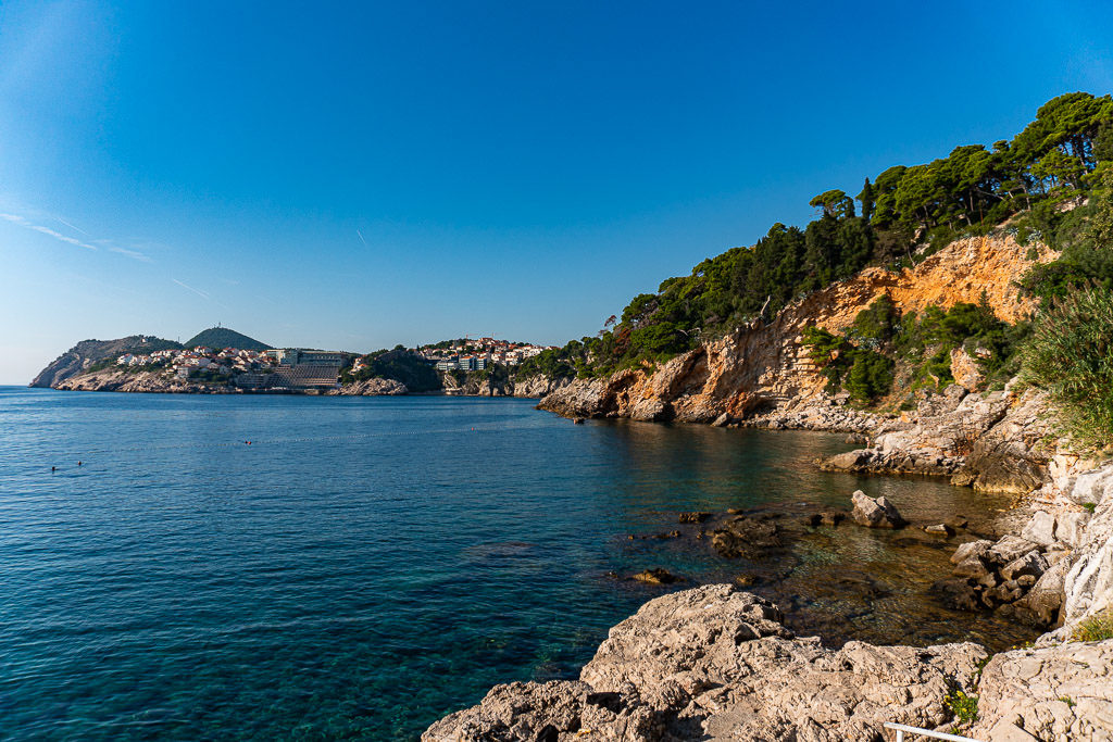 View looking south along the coast at Danče Beach, our number 1 pick for the best beaches in Dubrovnik
