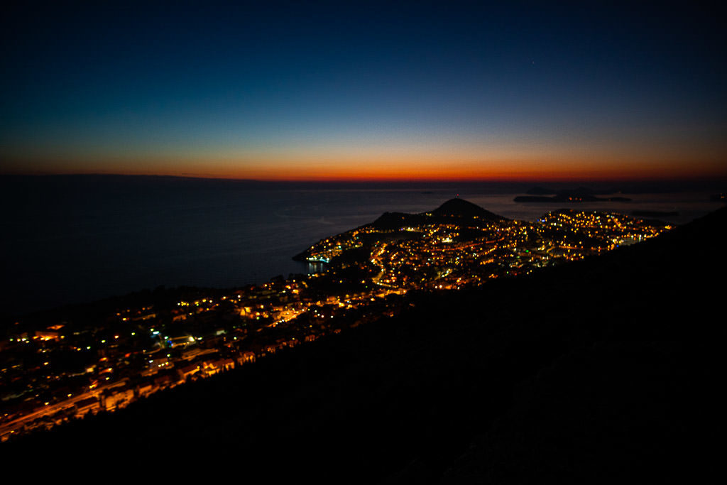 City lights of Dubrovnik from Mount Srd after sunset