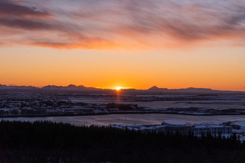 Sunset from atop the Perlan Museum in Reykjavik Iceland