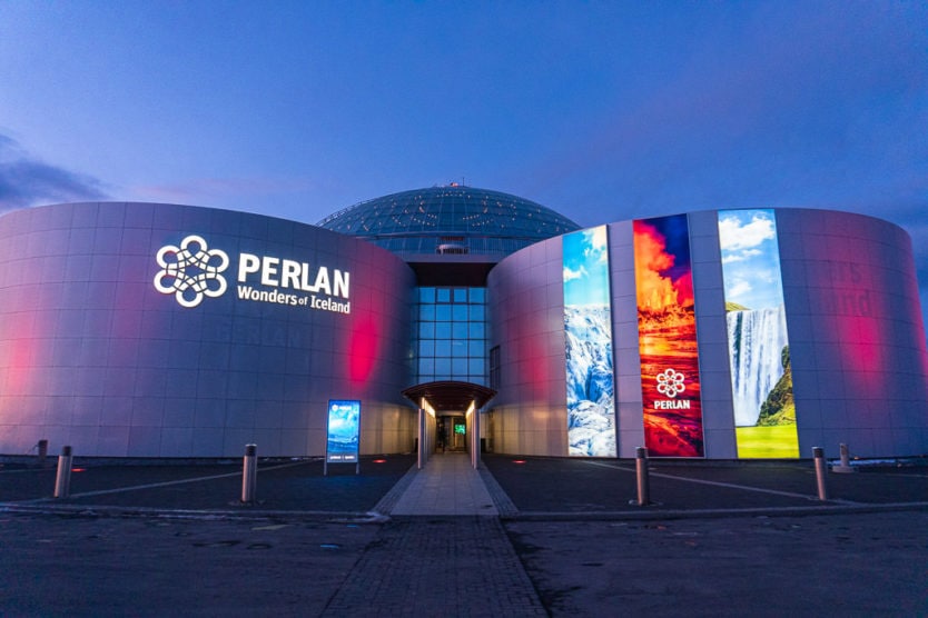 Outside the front of the perlan museum during sunset