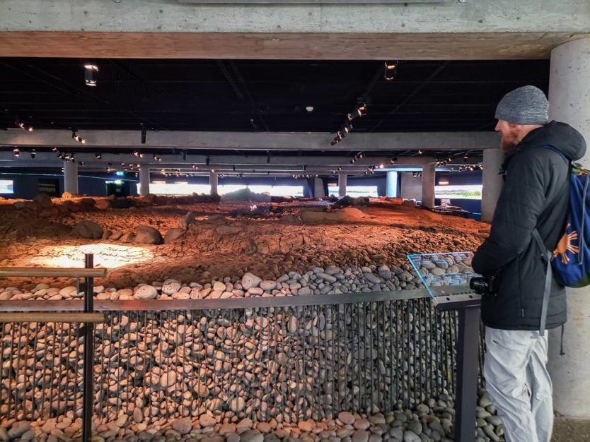 buddy looking at viking hall at settlement exhibition in reykjavik