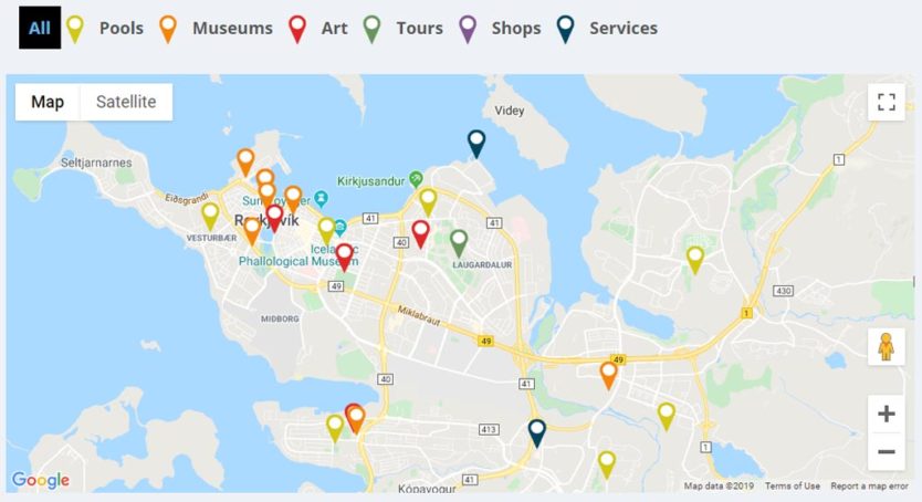 map of museums and activities included with reykjavik city card