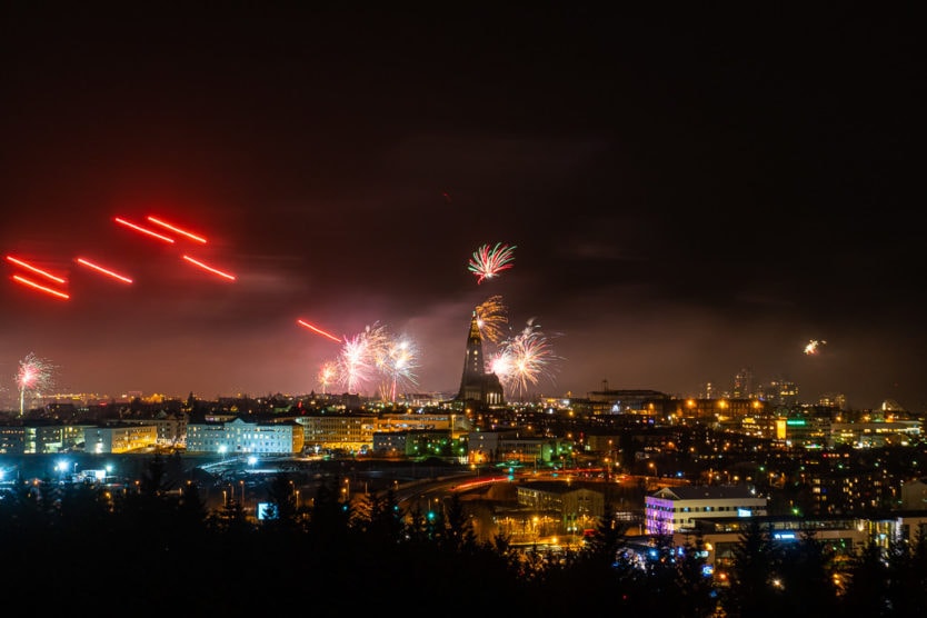 downtown views with Hallgrímskirkja from perlan reykjavik fireworks on new year's eve