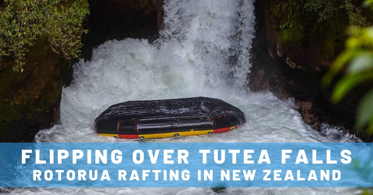 Raft upside down after going over Tutea Falls in Rotorua New Zealand