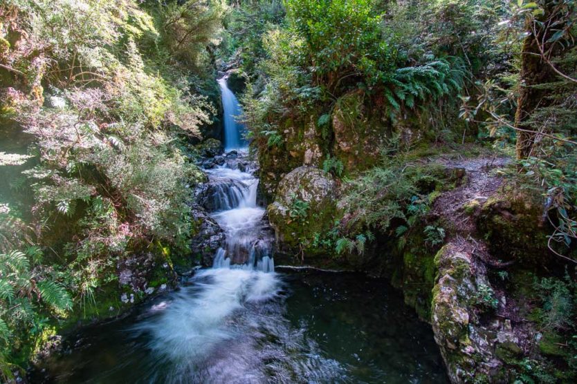 lower section of Avalanche Creek Falls from the historic bridge on the Millennium Walk in Arthur's Pass