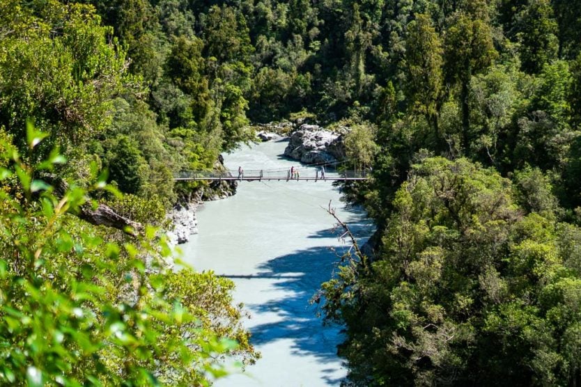 Hokitika Gorge when the water was not turquoise due to lack of rock flour in the water due the heavy rains in the days prior
