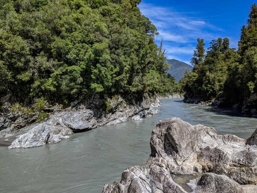 Hokitika Gorge when the water was not turquoise due to lack of rock flour in the water due the heavy rains in the days prior