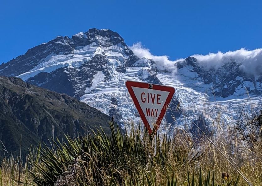 Give way sign in mountains of New zealand