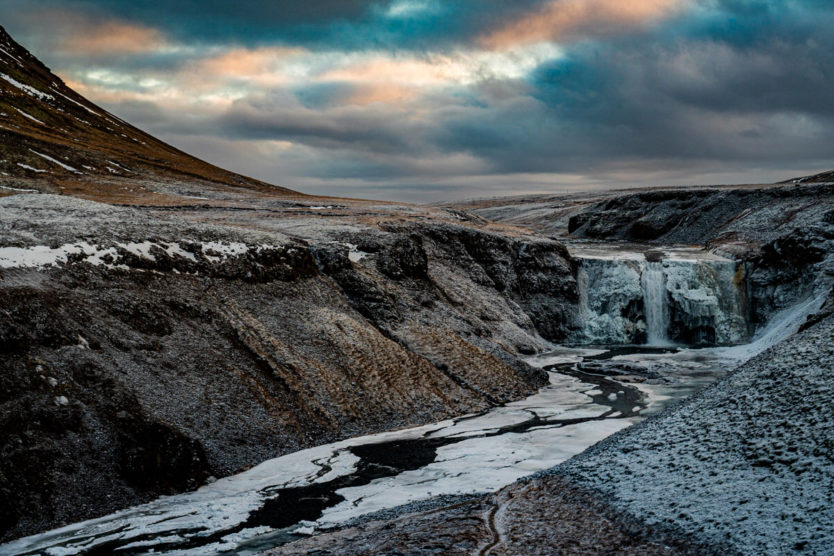 thorufoss  iceland waterfall in winter